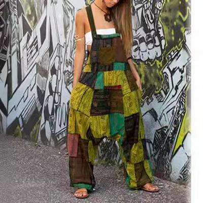 Damen Ethno Patchwork Ärmelloser Harem Jumpsuit 2024 mit Taschen
