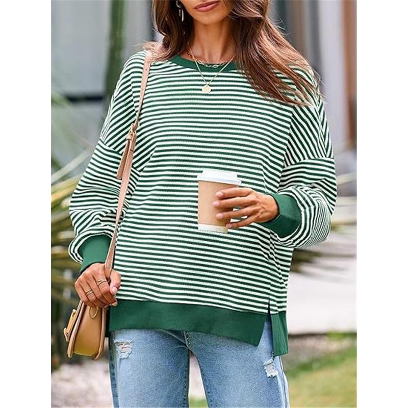 Dames Gestreept Crewneck Sweatshirt Los Oversized Lange Mouw Pullover Casual Dagelijks Blouse Top