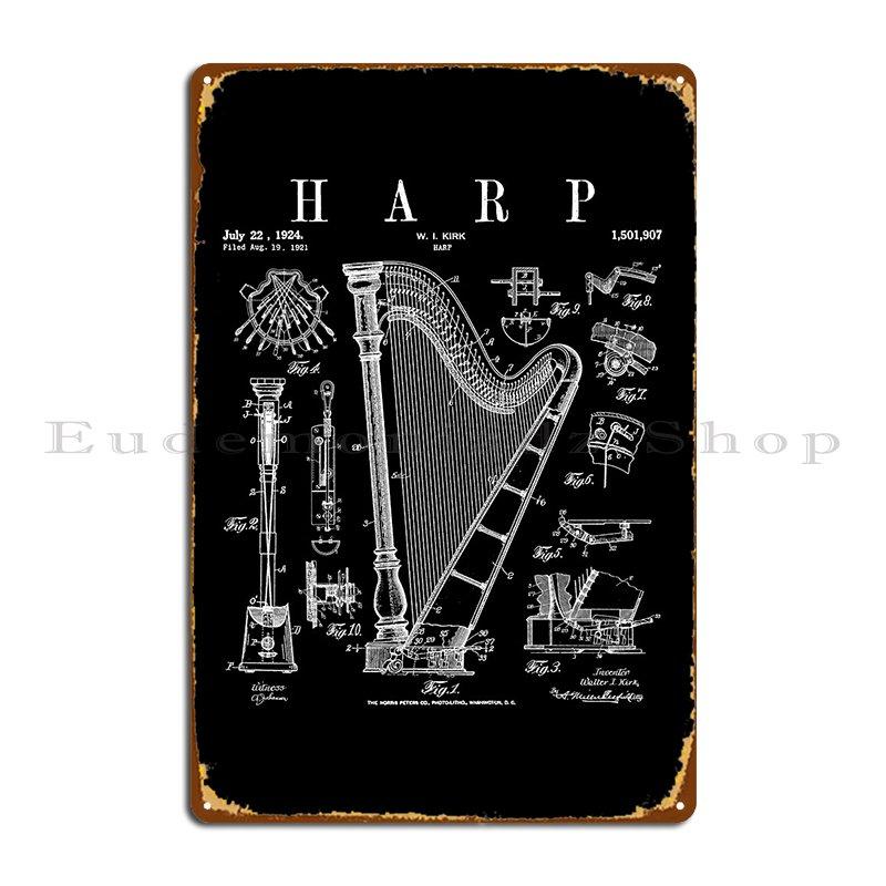 

Harp Vintage Patent Harpist Drawing Print Metal Plaque Poster Wall Design Wall Mural Print Bar Tin Sign Poster 20x30cm