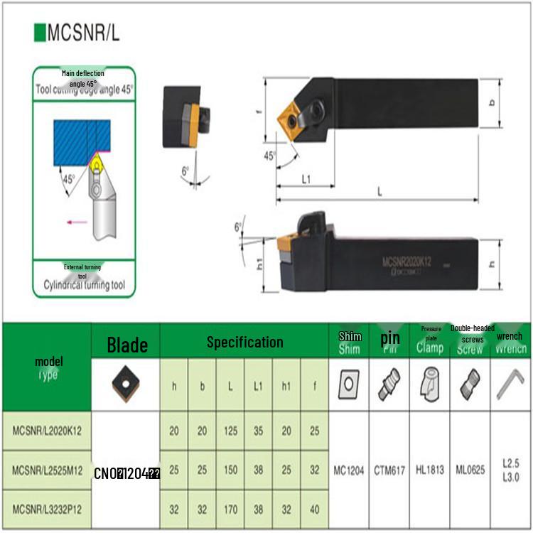 45° CNC Turning Tool Holder MCSNR2020K12 with 80° Insert for Outer Diameter and Face Turning.