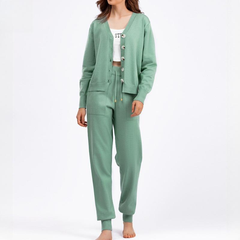 Autumn and Winter V-neck Cardigan Sweater Harlen Pants Set Solid Color Cardigan Sweater Two-piece Set