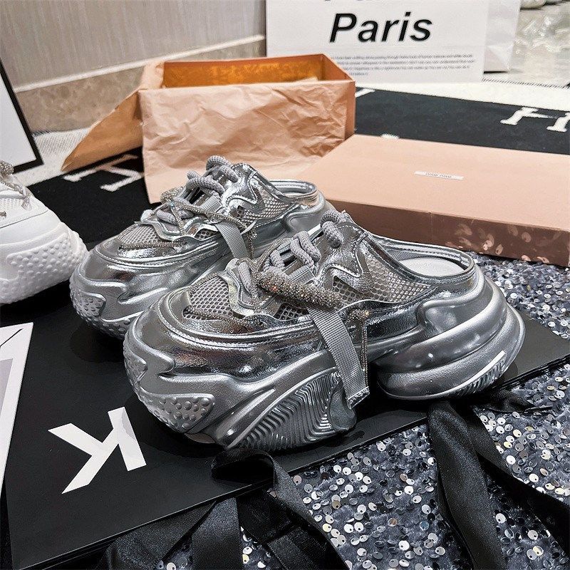 Platform dad shoes women's 2025 summer new one-pedal bag head half slippers small casual height-increasing lazy shoes