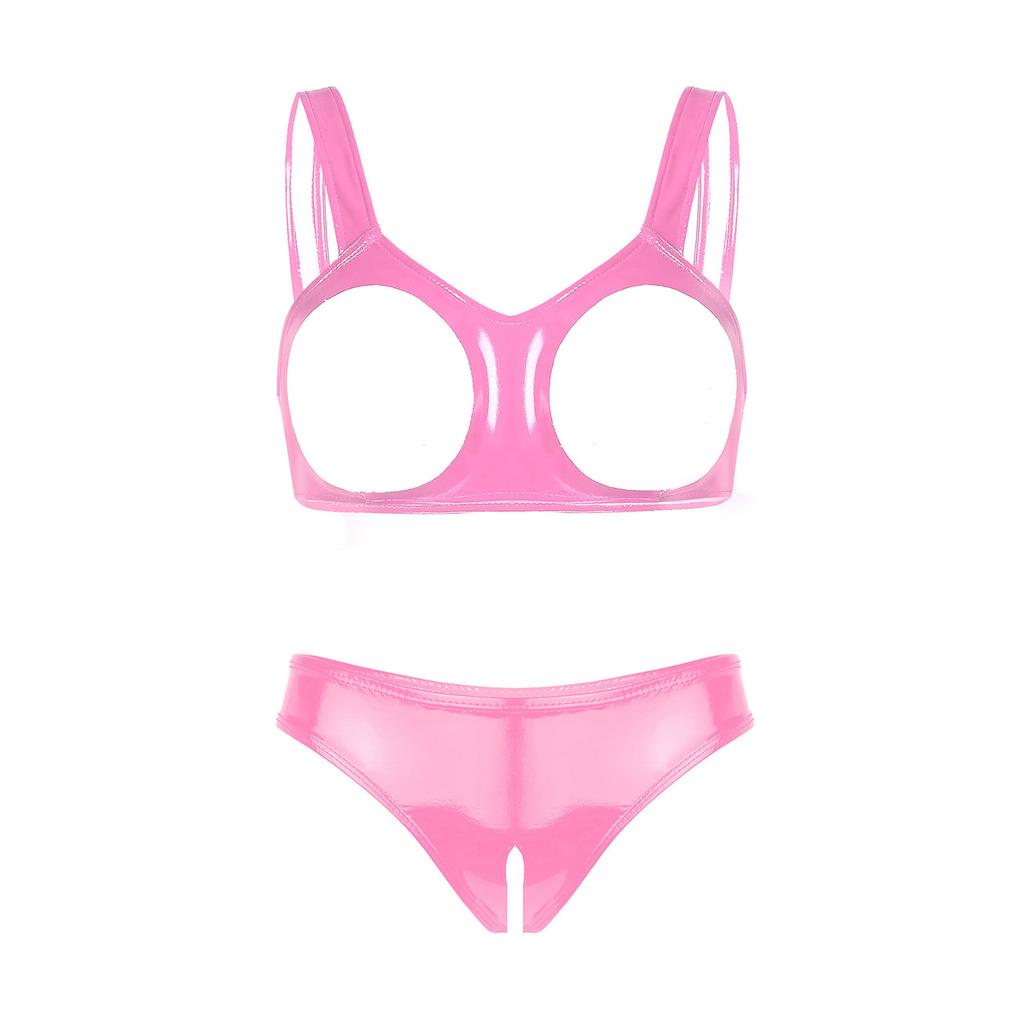 Women Ladies Bare Chest Sexy Lingerie Set Wet Look Patent Leather Underwear Suit Open Cups Bras with Crotchless Briefs Clubwear