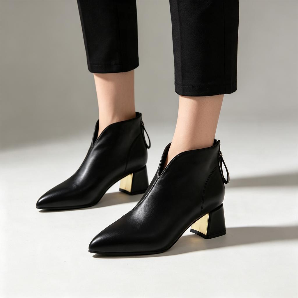 Women's Fashion Pointed Toe Boots with Block Heel and Back Zipper V-Cut Casual Boots