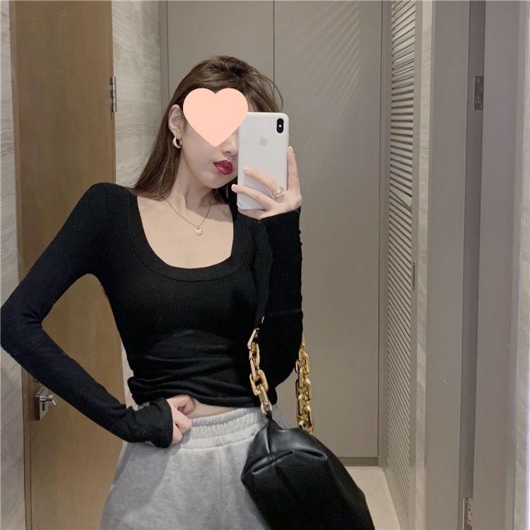 Korean Style U-Neck Ribbed Innerwear Slim-Fit Long/Short Sleeve Women's T-Shirt for Spring/Summer