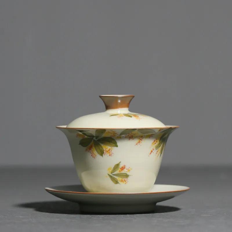 100ml Chinese handmade ceramic lid bowl tea cup hand-painted osmanthus pattern travel tea bowl 11x8.5cm   100ml