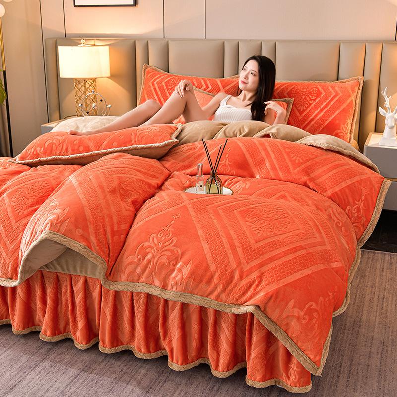 Class A Maternal And Infant Grade High-Gram Carved Fleece Milk Fleece Bed Skirt4-Pcs Set, Winter Double-Sided Fleece Quilt Cover
