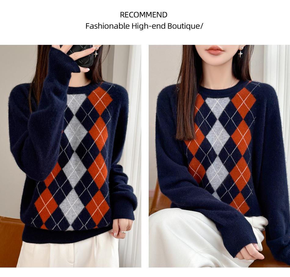 Vintage Argyle Wool Knit Sweater for Women - Slimming, Warm, Anti-Aging, Long Sleeve, Round Neck