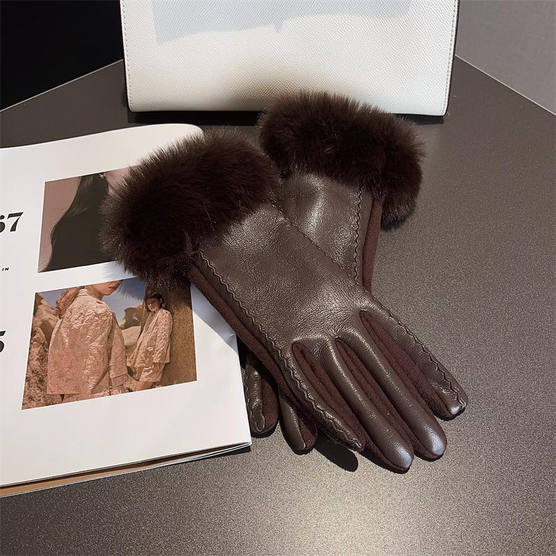 PU Leather and Suede Gloves for Women Winter Fleece-lined Thickened Fashionable Warm Gloves for Cycling