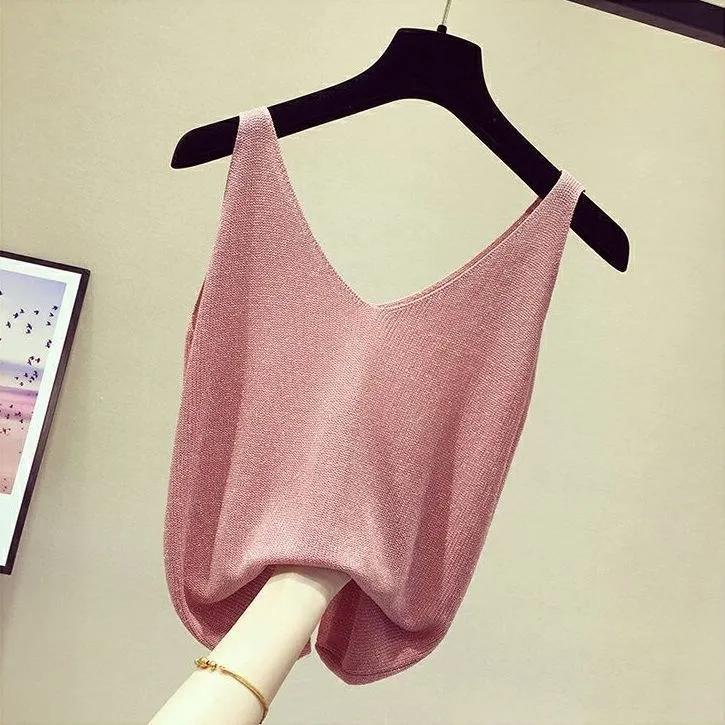 Black Undershirt Tank Thin Knit Vest Bright Silk Women Sexy Sleeveless Top Loose Causal Office Lady Korean Fashion Summer