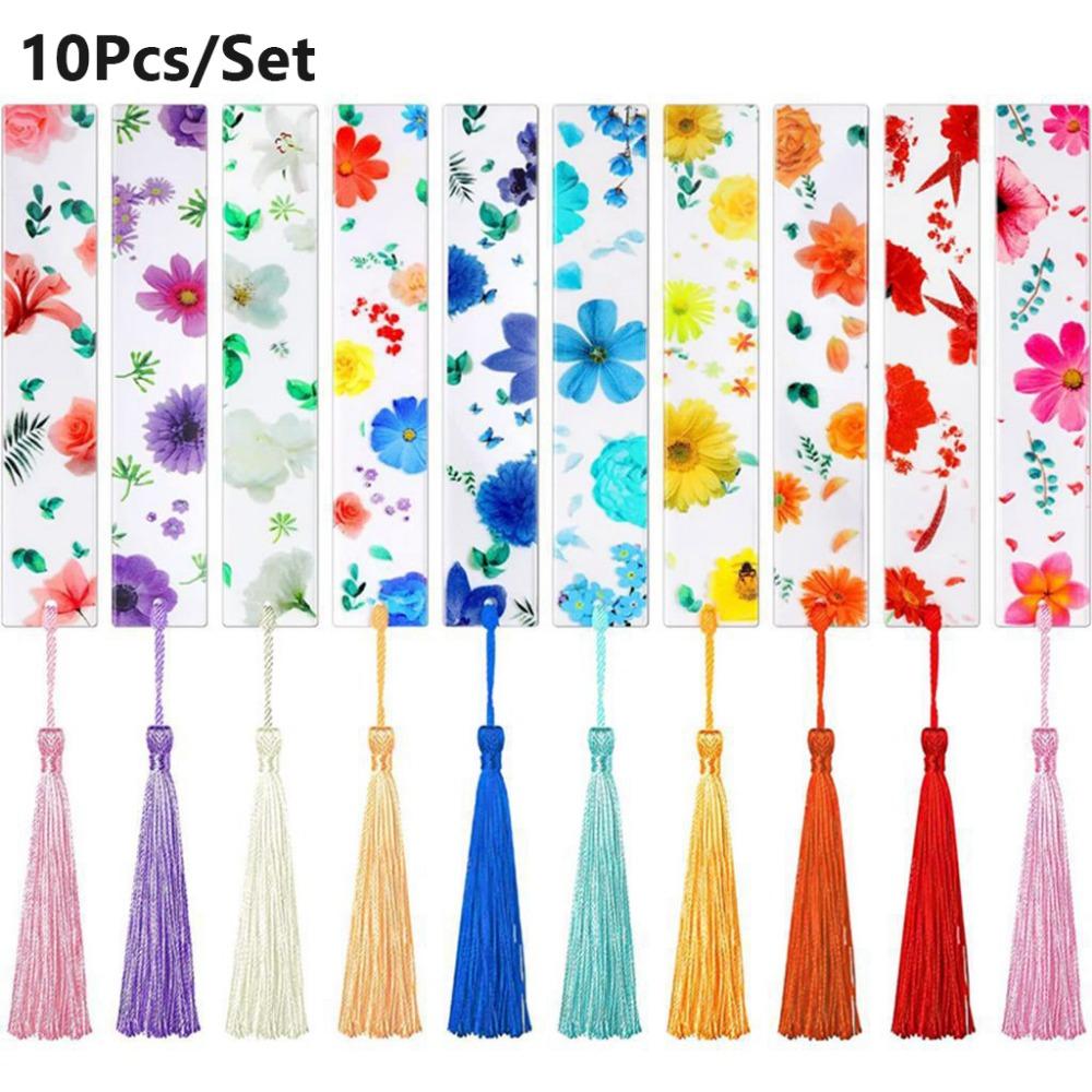 

10Pcs/Set Kawaii Transparent Flower Bookmarks With Tassels Stationery Book Page Markers Floral Acrylic Bookmark Student