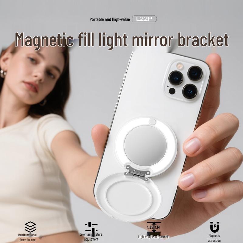 

Magnetic Phone Holder L22P: 3-in-1 Fill Light, Makeup Mirror, and Desktop Live Streaming Stand. White L22P
