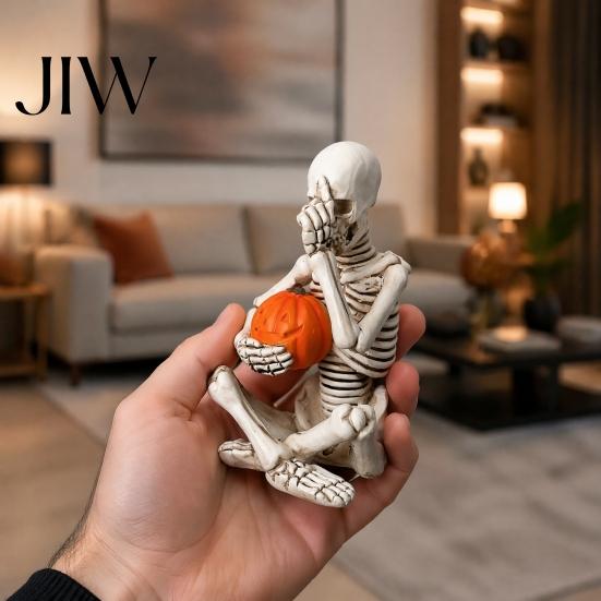 Alternative Home Accessories Vintage Skeleton Holding Pumpkin Statue, Halloween Resin Figurine, Gothic Handcrafted Sculpture Desktop