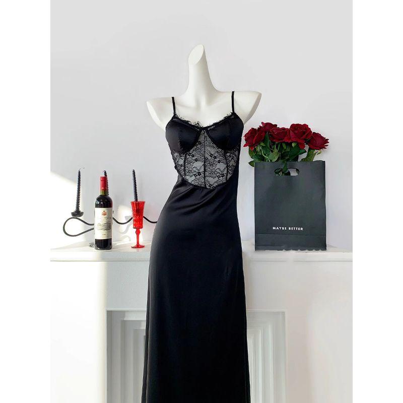 Jingluo Lady Small Bust Sexy Sling Pajamas With Chest Pad Lace Ice Silk Nightdress Long dress To Ankle Exta-long