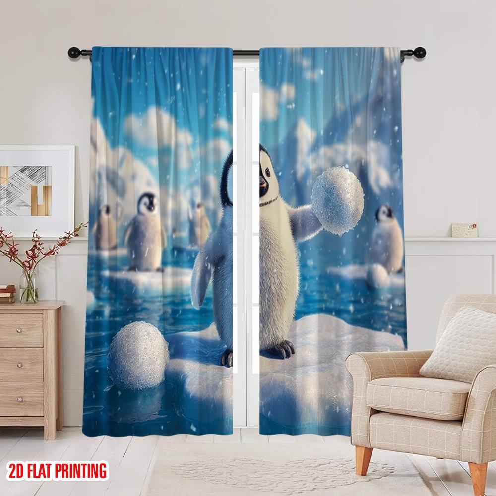 2pcs,2D Plane Printing Curtains Roller Blinds A Penguin Stands On an Iceberg Polyester Fabric (without Rod) Outdoor Decorations