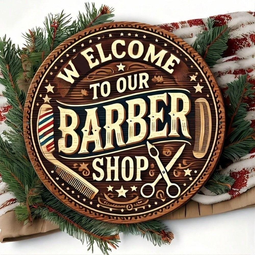 Metal Poster Wall Art Barber Sign Round Rustic Vintage Home Decor