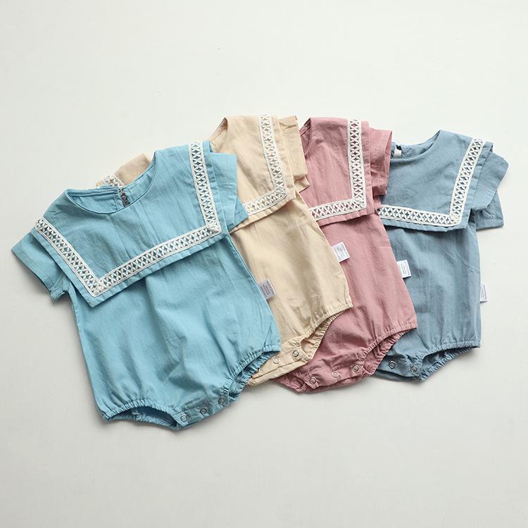 2024 Léto Velký Límec Krajka Bavlna Dětský Romper a Klobouk Set