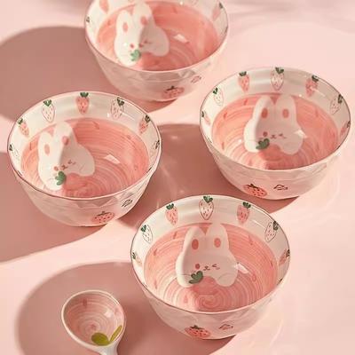 Ceramic Rice Bowl Home Eating Bowl Strawberry Rabbit Small Bowl Plate 5 Inch Tableware Cute Salad