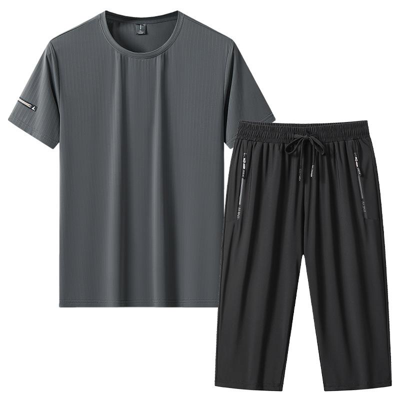 Large Size Sports Suit Men's Short Sleeved Two-piece Set Men's Running and Fitness Clothes Summer Loose Thin Ice Silk Sportswear