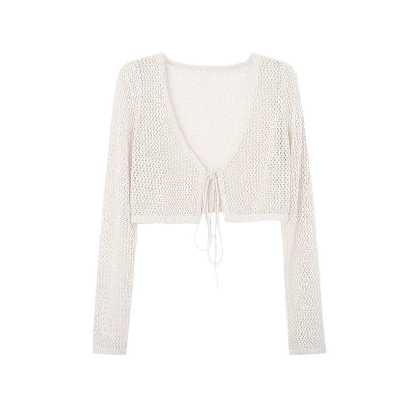 Women's V-Neck Openwork Knit Tie-Up Cardigan - Lightweight Summer Sun Protection Long-Sleeve Top