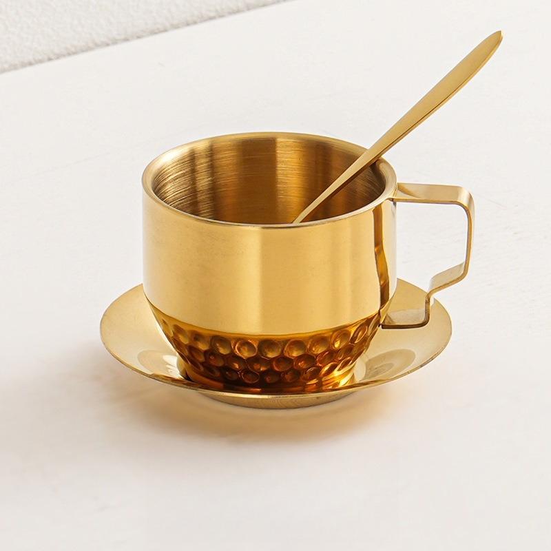 Elegant Coffee Cup with Scoop Saucer,304 Stainless Steel,Espresso Cup,Milk Mug,Cappuccino for Afternoon Tea Camping Cafeteria