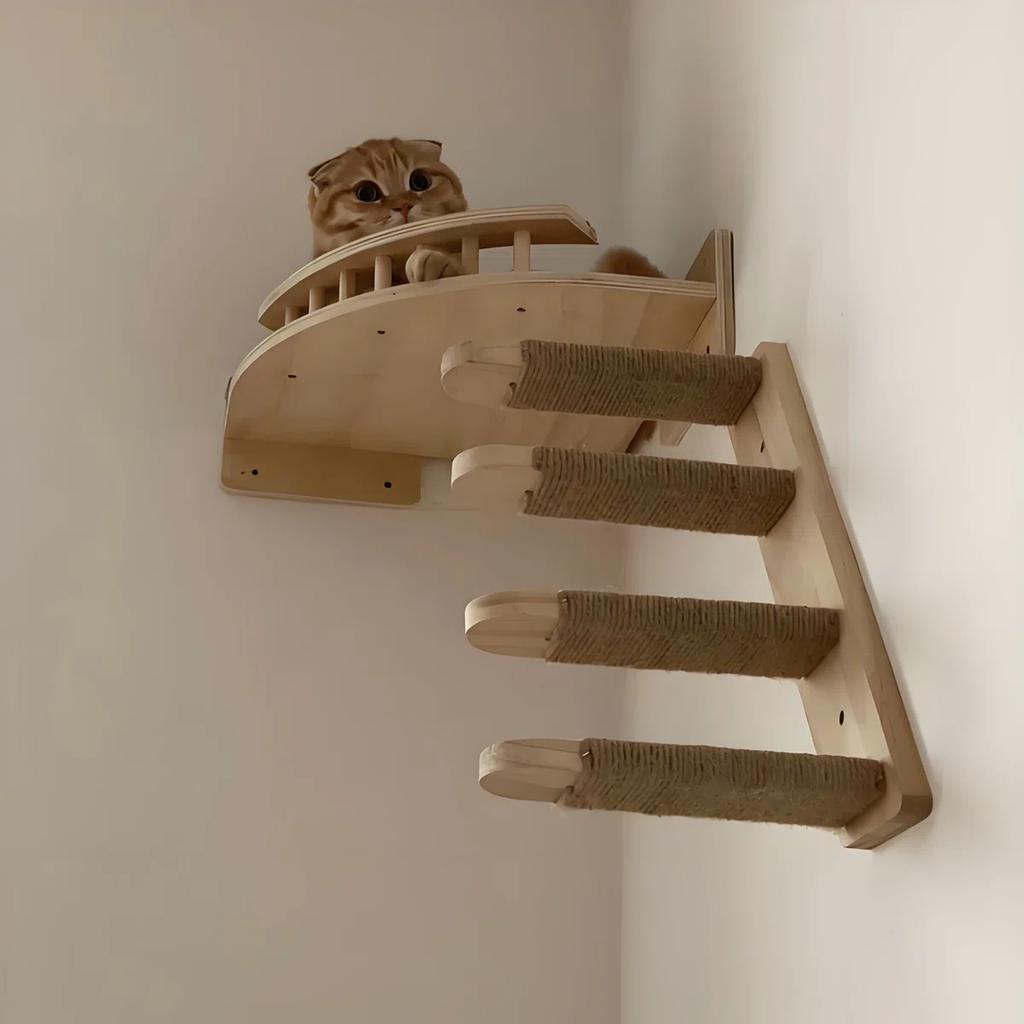 Wall-mounted Solid Wood Steps and Sisal Rope Kitten Claw Training Indoor Cat Furniture Cat Climbing Rope