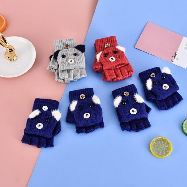 Winter Warm Gloves Cartoon Dog Glove with Flip Top Knitted Half Finger Gloves