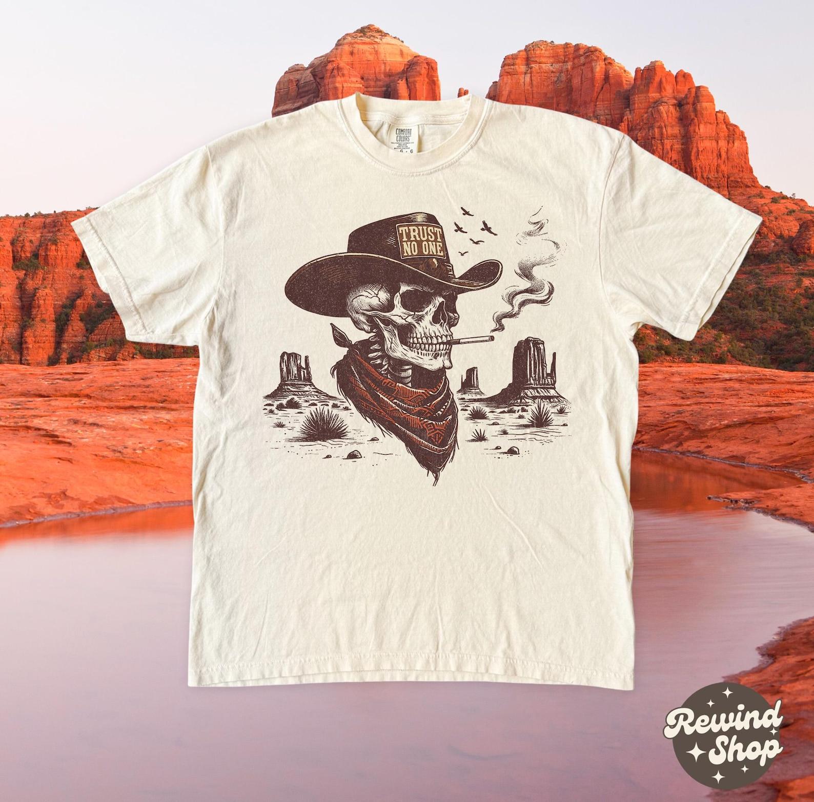Trust No One Skeleton Cowboy Tshirt, Smoking Skeleton Canyon Comfort Colors Shirt, Vintage Western Grunge Shirts XL