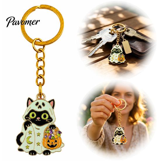 Cat Hanging Ornament Halloween Cartoon Black Keychain, Glow-in-the-Dark Ghost Costume Keychain Keyring, Enamel Kitten Backpacks Decorative Accessory,