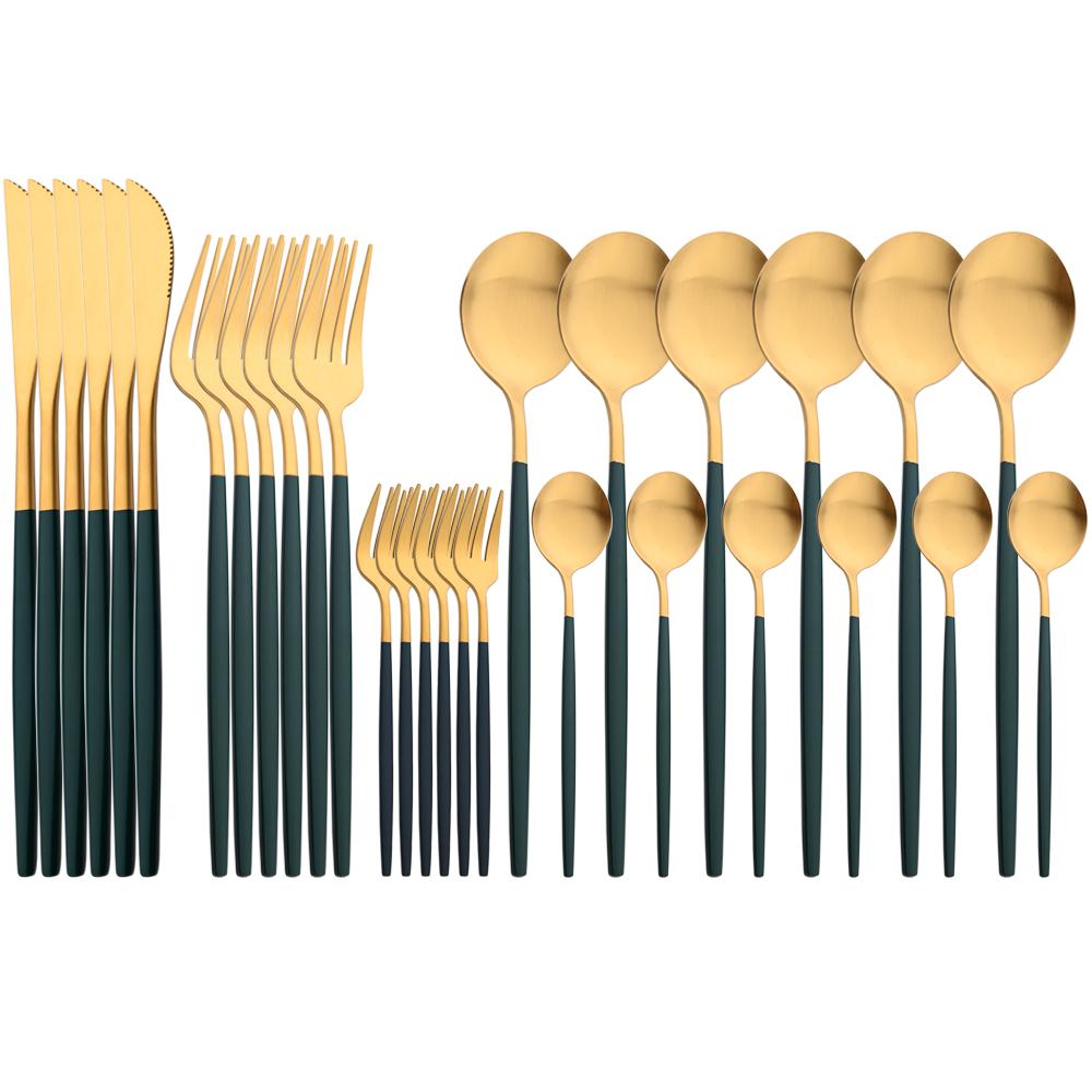 30-piece Black Handle Gold Cutlery Set Matte Finish Dinnerware Set Stainless Steel Knife Fork Spoons Kitchen Utensils Complete