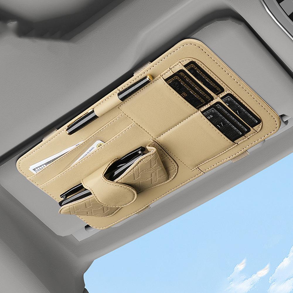 Car Sun Visor Glasses Holder, Pu Leather Multi Pocket Storage Pouch With Card Slots, Eyeglass Clip Organizer For Interior