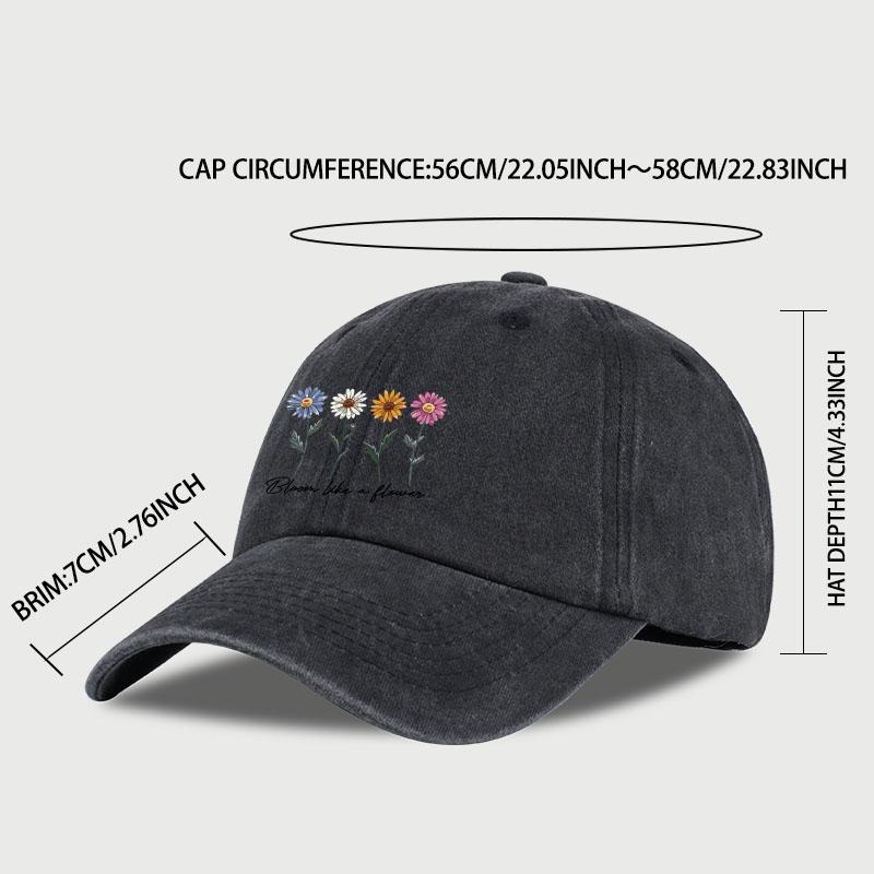 Baseball Cap – For Men And Women “Flowers In Bloom” Letter Print Print Dad Cap – Outdoor Use Travel & Casual Sun Hat Vintage Washed Daisy