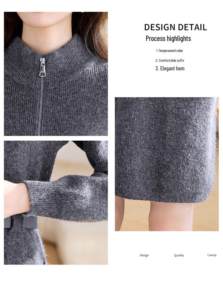 Korean Style Red Knit Zipper Dress for Women - Autumn/Winter 2025
