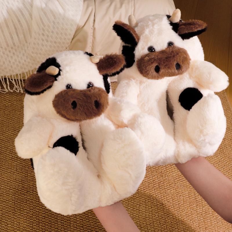 All-inclusive and cartoon cow cotton slippers men's and women's winter indoor warm plush home shoes