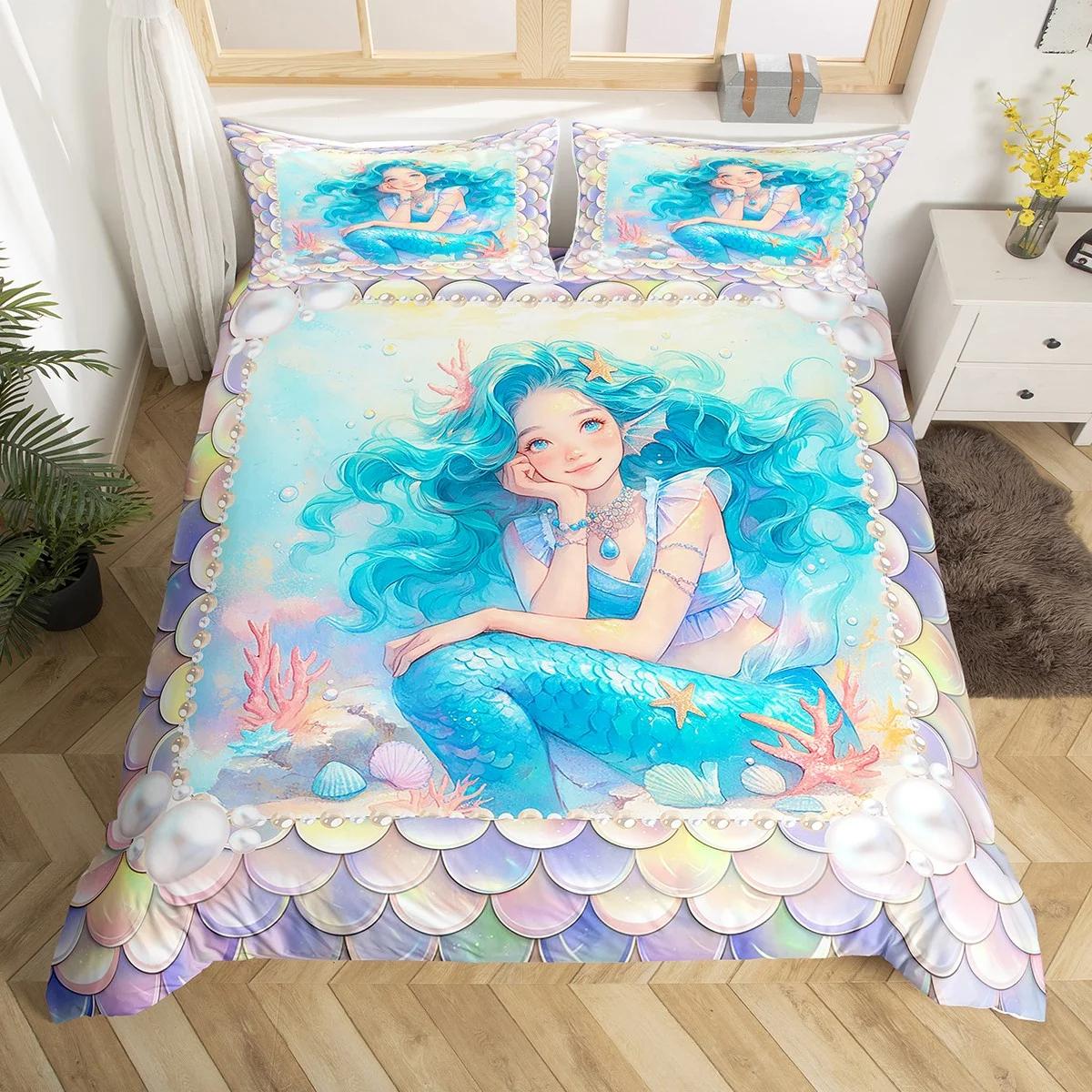 

Beautiful Mermaid Bed Duvet Cover Suitable For Children Boys Girls Mermaid Princess Bed Quilt Cover Warm Comfortable Breathable EU King(240*220cm)3pcs