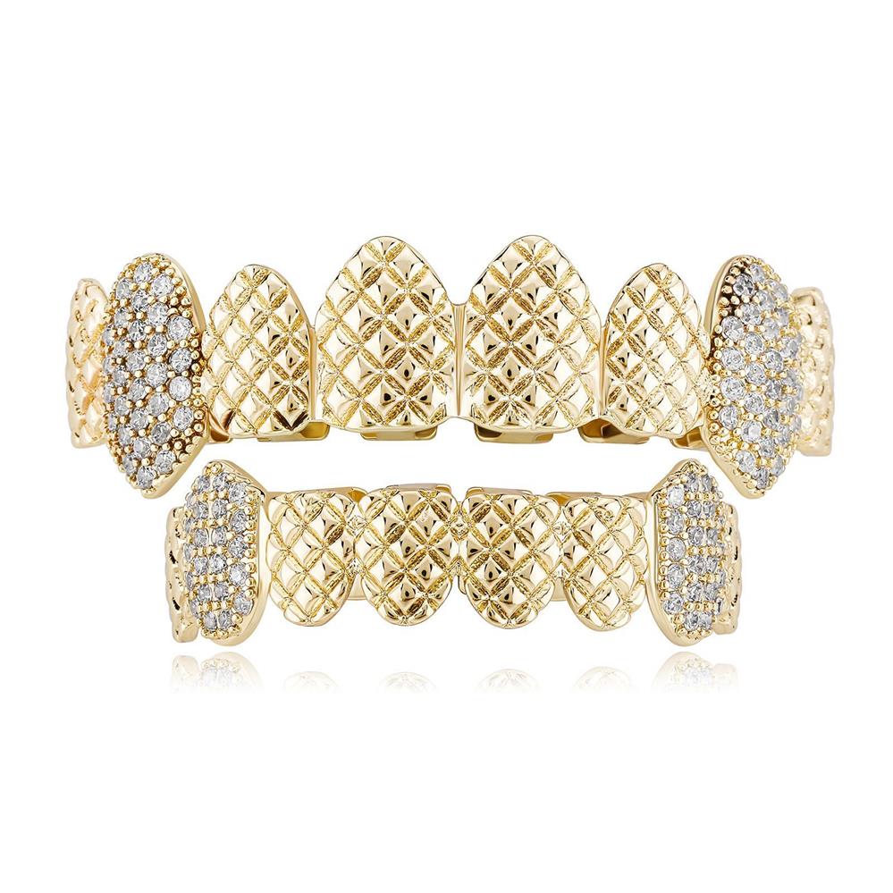 Vendita Calda di Fabbrica Argento Oro Colore Metallico Placcatura Ottone con Zirconi Pieni Bling Otto Pezzi Denti Appuntiti Hip Hop Grillz