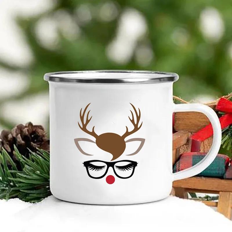 Merry Christmas Print Creative Enamel Coffee Tea Wine Drink Mug Dessert Hot Cocoa Milk Cup Cake Mugs Handle Drinkware Xmas Gifts