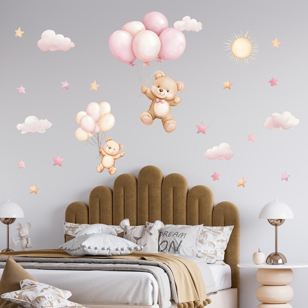 Cartoon Bear Cloud Star Balloon Wall Sticker Kids Room Home Decor Self-Adhesive Wall Art Room Decoration