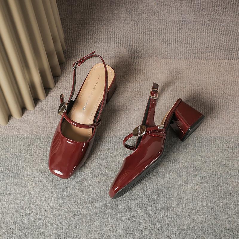 Leather 6CM Bag-toe Sandals for Women Mary Jane Fairy Style Summer Mid-heel French One-length Strap Thick Heel Short Shoes