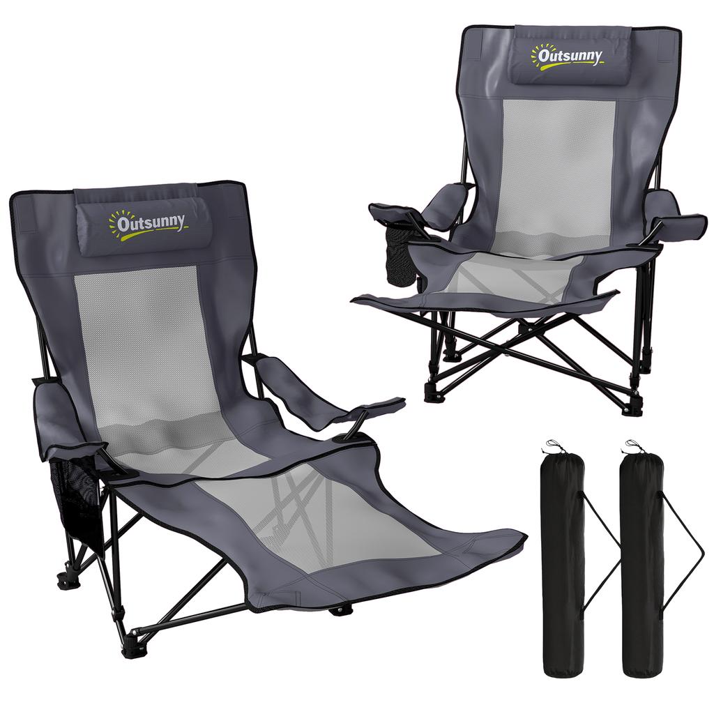 Set of 2 Camping Chairs Foldable Fishing Chair with Adjustable Backrest, Footrest, Cup Holder, Headrest, Dark Grey