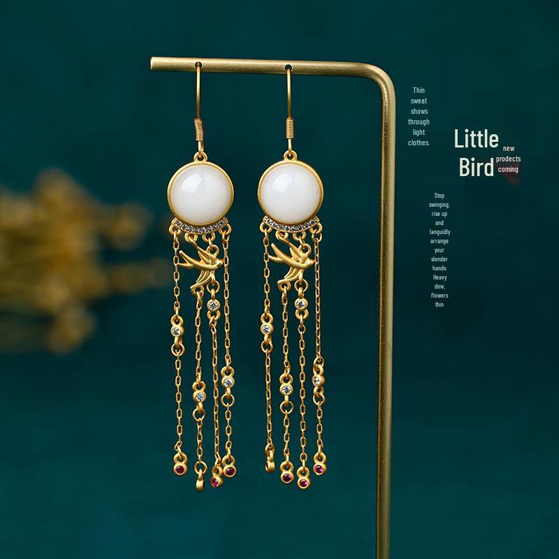 Classical Chinese-Style 925 Silver Earrings with Imitation Hetian Jade and Tassel Design