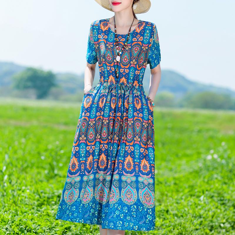 Plus Size Women's Long Dress Summer  Short Sleeve Vintage Print Dress for Women