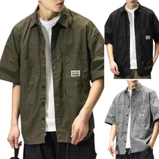 Men Shirt Turn-down Collar Hip Hop Buttons Cool Breathable Single-breasted Cardigan Solid Color Multi Pockets Summer Cargo Shirt Male Clothes