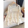 Bohemian Style Plus Size Women Clothing Crochet Hollow Knitted Pullover Airable Shirt Capri Bell Sleeve Cover Up Sun Protection Clothing