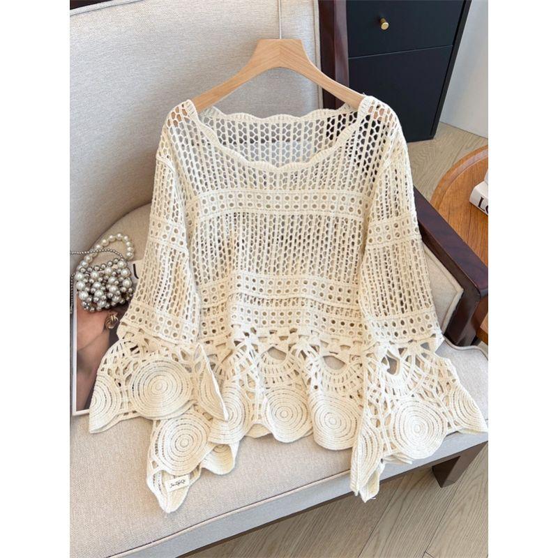 Bohemian Style Plus Size Women Clothing Crochet Hollow Knitted Pullover Airable Shirt Capri Bell Sleeve Cover Up Sun Protection Clothing