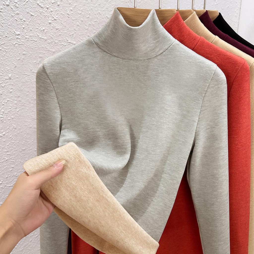Autumn and winter women's clothing containing wool and silk bottoming shirt women's inner heating fleece warm turtleneck top with fleece and thicker