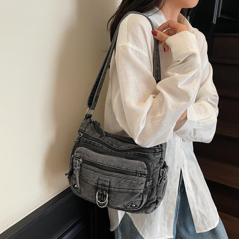 Vintage Denim Crossbody Bag Multi-Pocket Women's Shoulder Bag