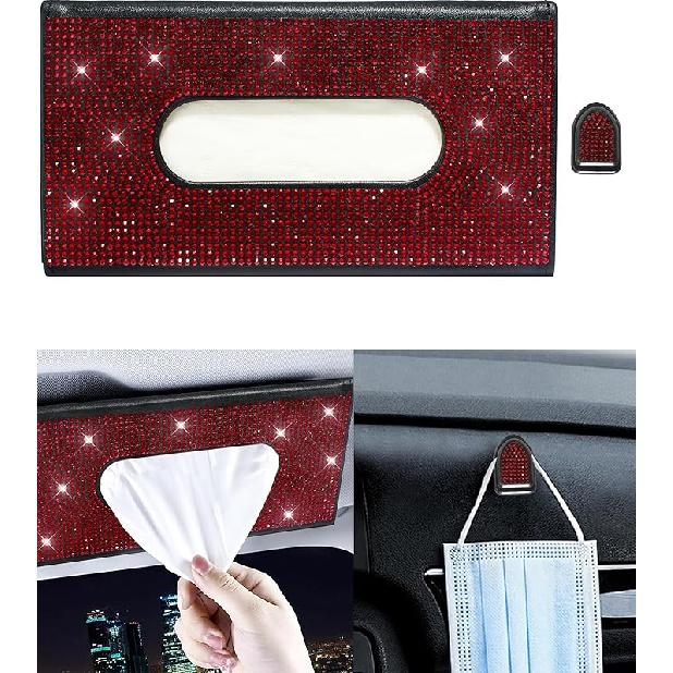 Bling Car Sun Visor Tissue Box Holder,PU Leather With Bling Crystal Rhinestones Tissue Holder,Car Accessories For Women (Black)