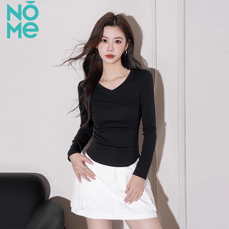 NOME Women s V-Neck Fan-Hem Long Sleeve Cotton T-shirt M