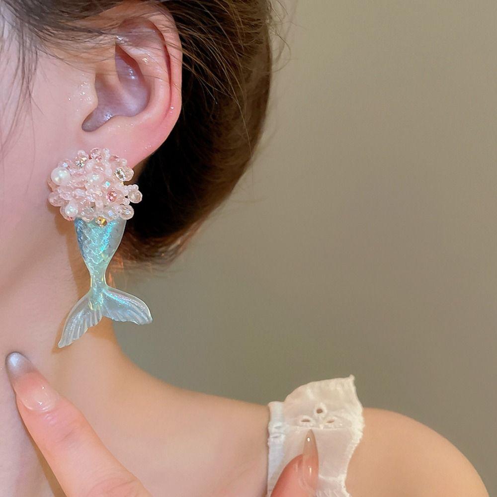 Cute Fishtail Drop Earrings Pearl Beach Style Earrings Sweet Mermaid Resin Earrings  Beach